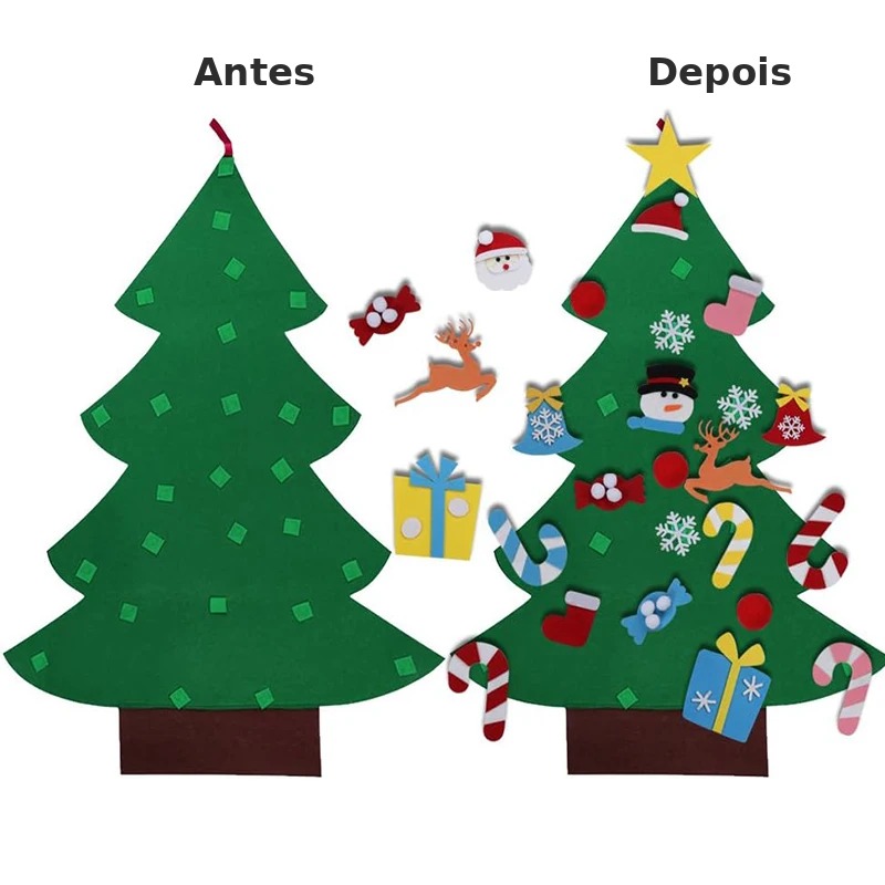 Árvore de feltro vazia ao lado da mesma árvore decorada por uma criança